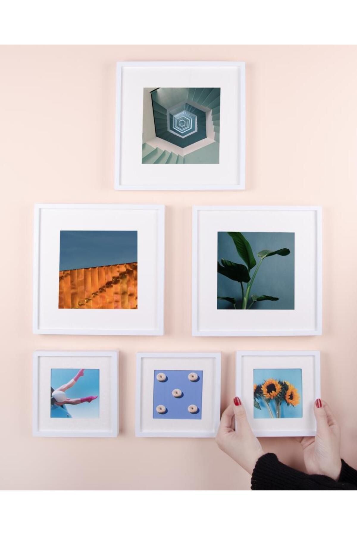 Yapışkanlı Sök-tak Paspartulu Beyaz Kare Fotoğraf Çerçevesi - 6'lı paket