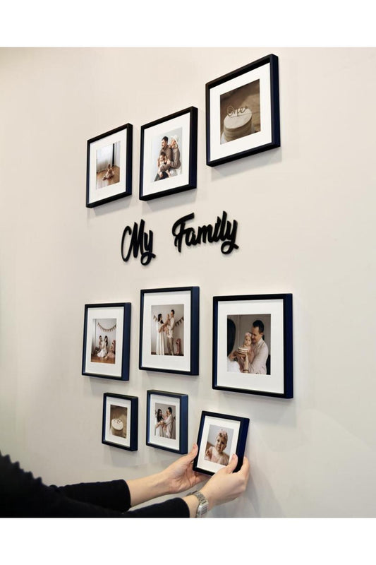 My Family Yazılı Yapışkanlı Sök-Tak Paspartulu Siyah Kare Fotoğraf Çerçevesi - 9'lu Paket