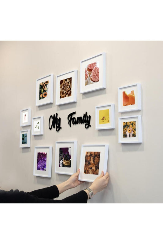 My Family Yazılı Yapışkanlı Sök-Tak Paspartulu Beyaz Kare Fotoğraf Çerçevesi - 12'li Paket