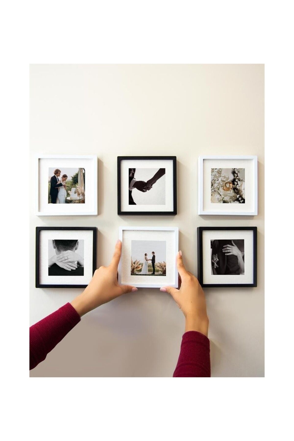 Yapışkanlı Sök-Tak Paspartulu Beyaz & Siyah 14X14CM Pola Kare Fotoğraf Çerçevesi - 6'lı paket