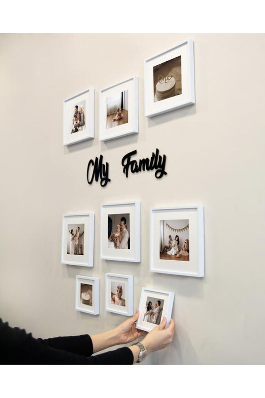 My Family Yazılı Yapışkanlı Sök-Tak Paspartulu Beyaz Kare Fotoğraf Çerçevesi - 9'lu Paket