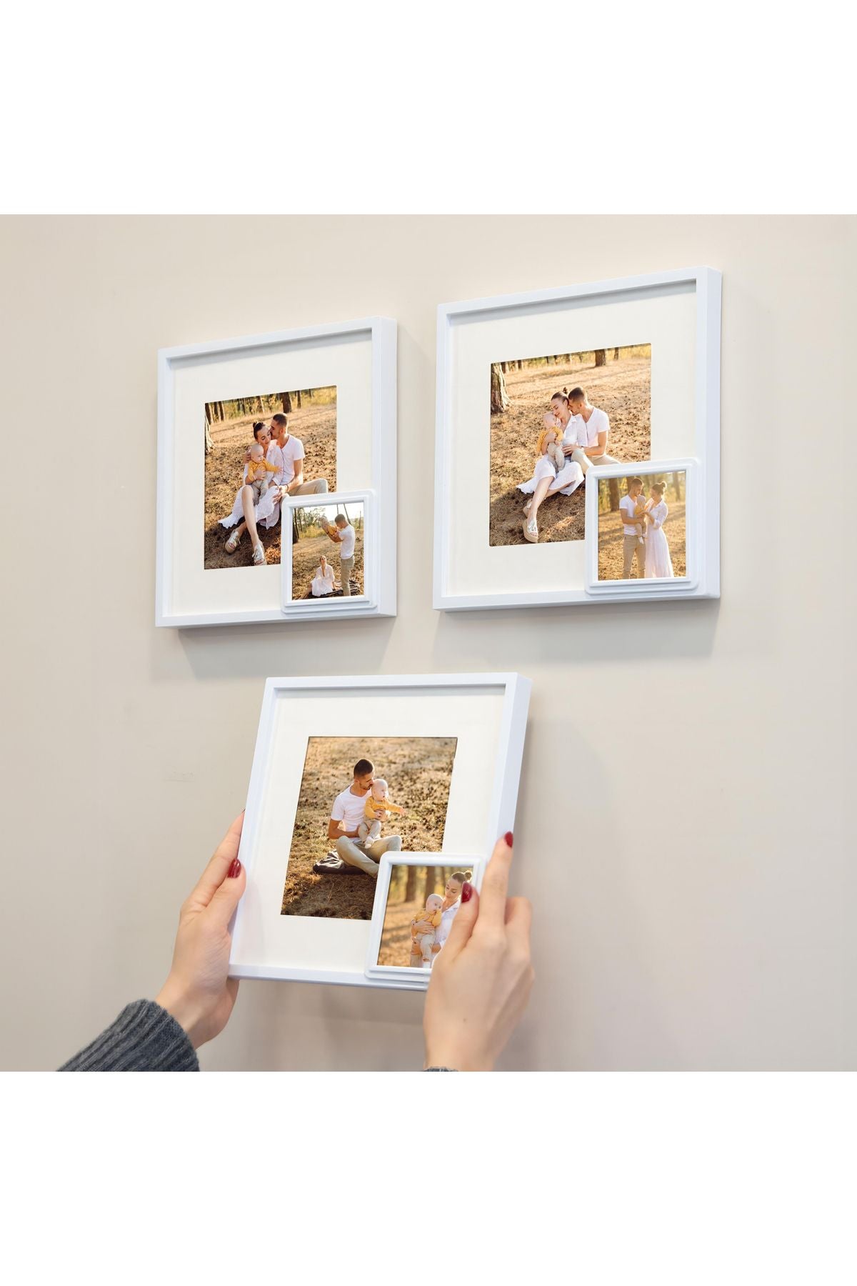 Yapışkanlı Yavrulu Sök-tak Paspartulu Beyaz 21x21cm Kare Fotoğraf Çerçevesi - 3'lü Paket