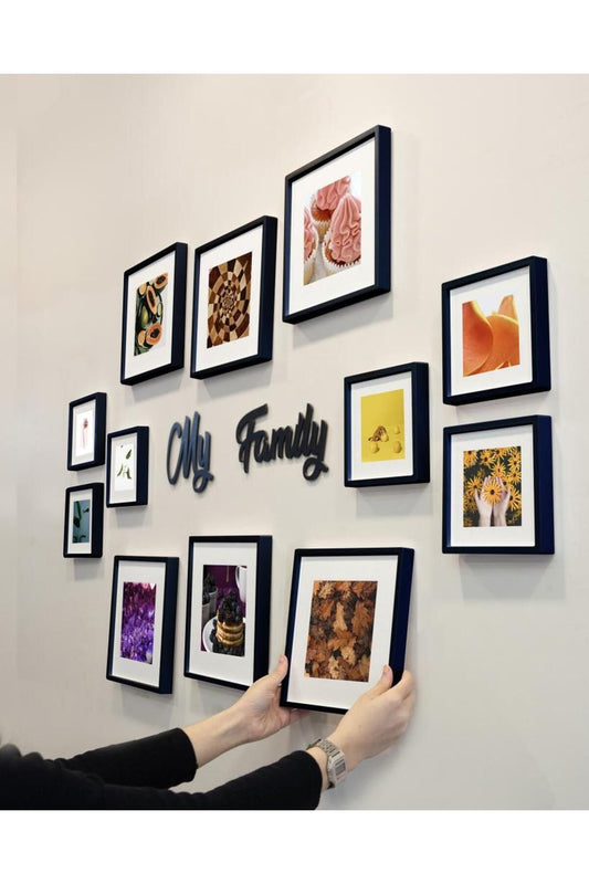 My Family Yazılı Yapışkanlı Sök-Tak Paspartulu Siyah Kare Fotoğraf Çerçevesi - 12'li Paket